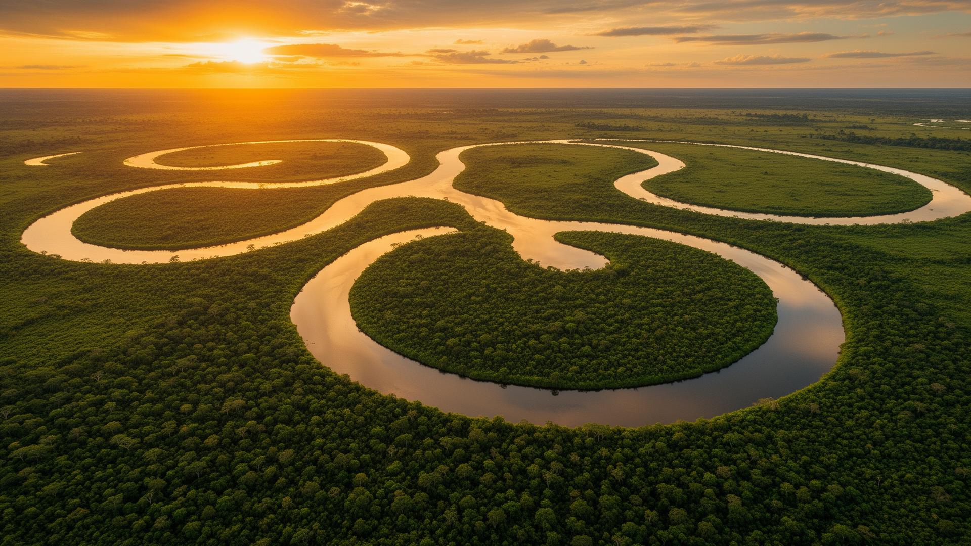 Pantanal ao entardecer com rio e onça-pintada